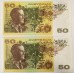 AUSTRALIA 1973 . FIFTY 50 DOLLARS BANKNOTE . PHILLIPS/WHEELER . ERROR . INK TRANSFER . CONSEC PAIR